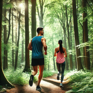 Ein sportlicher Mann und eine ebensolche Frau joggen durch ein Waldstück