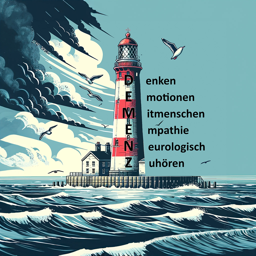 Das Bild zeigt einen Leuchtturm auf einer kleinen Insel inmitten bewegter Wellen. Links vom Leuchtturm zieht ein Sturm auf und Möwen gehen ihrem Alltag nach. Auf dem Leuchtturm steht von oben nach unten das Wort Demenz geschrieben. Rechts davon stehen Begriffe